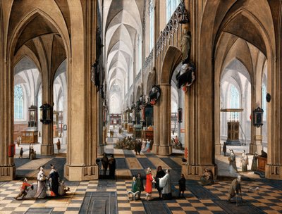 A Church Interior with Elegant Figures Strolling and Figures Attending Mass by Peeter the elder Neefs